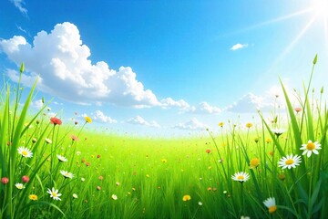 Fototapeta premium Lush green meadow teeming with wildflowers and tall grasses under a bright blue sky Perfect for nature, botany, or environmental themes , springtime, blooming, land plants