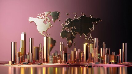 Modern City Skyline with Illuminated World Map on Pink Background