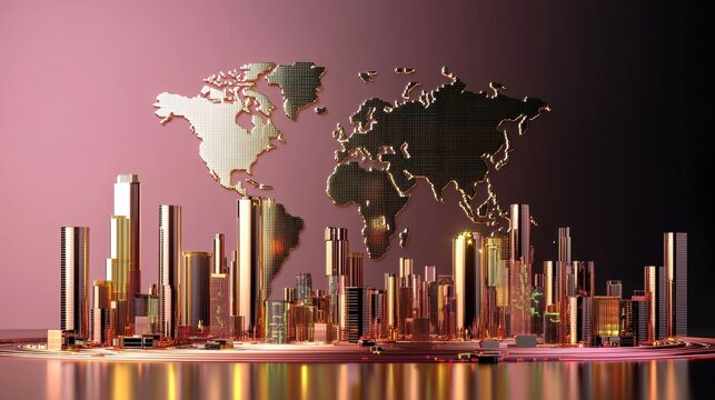 Modern City Skyline with Illuminated World Map on Pink Background