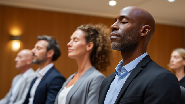 Corporate wellness team breathing exercise session