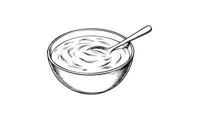 Sketch of a bowl of yogurt with spoon. Vector retro hand drawn illustration
