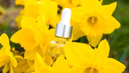Clear serum bottle amidst daffodils
