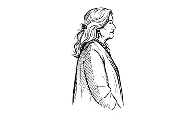 Profile sketch of mature caucasian woman with long hair in thoughtful pose. Vector retro hand drawn illustration