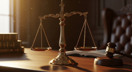 Legal scales placed next to a judge’s gavel on a courtroom desk,  golden-hour lighting