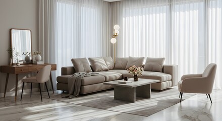 Fototapeta premium Modern Living Room Interior Design with Neutral Tones and Sunlight