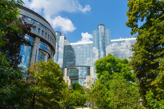 BRUSSELS, BELGIUM - JUNE 16, 2025: Altiero Spinelli European Parliament Building in Espace Leopold in City of Brussels, Belgium. View from Leopold Park