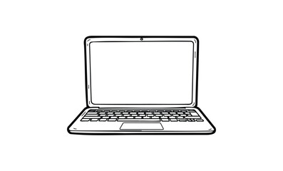 Black and white laptop sketch with blank screen and keyboard details. Vector retro hand drawn illustration
