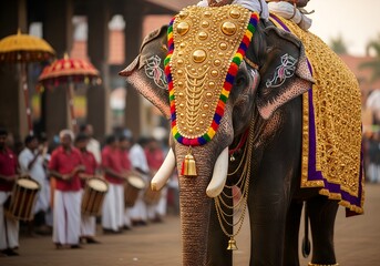 Vibrant Close-up of Decorated Kerala Elephants in Temple Festival Procession - Intricate Adornments and Festive Atmosphere in India