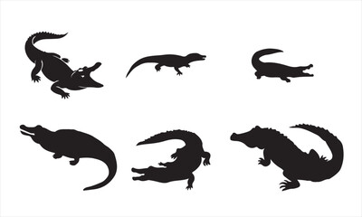 Set of crocodile silhouette isolated on white background in different poses