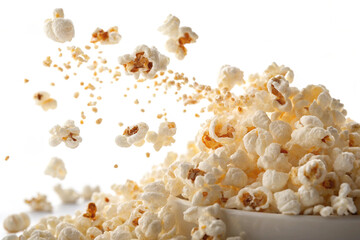 close up. Popcorn flying through the air. white background.