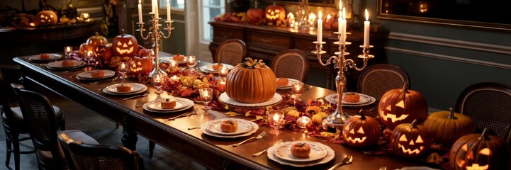 Fototapeta premium Dining Room with Jack-o'-Lanterns and Halloween Decor.