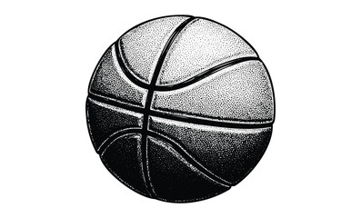 Black and white vintage basketball illustration with detailed texture. Vector retro hand drawn illustration