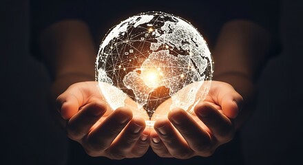 Global network connecting humanity with digital information, held in nurturing hands.