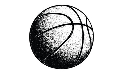 Retro-style black and white illustration of a basketball with textured details. Vector retro hand drawn illustration