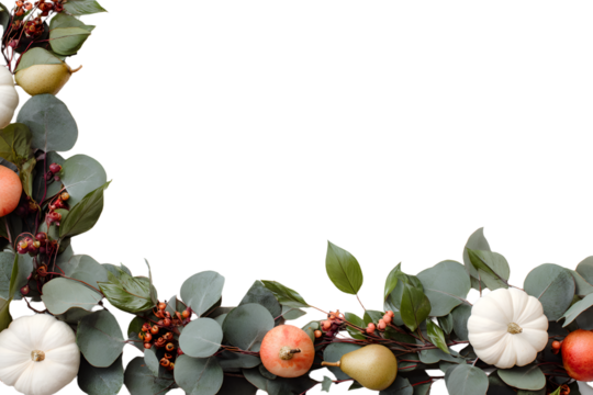 Autumn floral frame, web banner. Garland of berry eualyptus leaves, branches, ear fruit and white pumpkis isolated on white table ackground. Fall, Thanksgivng design. Flat lay, top vew.