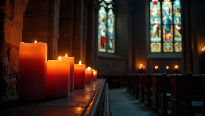 Candles illuminate a dark church sanctuary, soft light reflecting on stained glass A peaceful, spiritual atmosphere is evoked by the gentle glow , sanctuary, glow