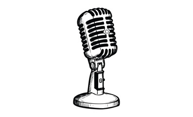 Fototapeta premium Vintage microphone illustration in black and white line art style. Vector retro hand drawn illustration