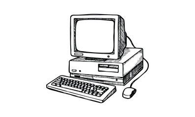 Fototapeta premium Vintage desktop computer illustration with monitor, keyboard, and mouse. Vector retro hand drawn illustration