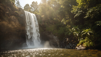 Waterfall Flowing Into Pool Surrounded by Lush Green Trees and Foliage