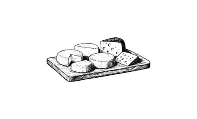 Variety of cheese on wooden board sketch assorted cheeses in hand-drawn style. Vector retro hand drawn illustration