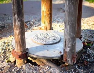 Metal disc supported by weathered wooden posts