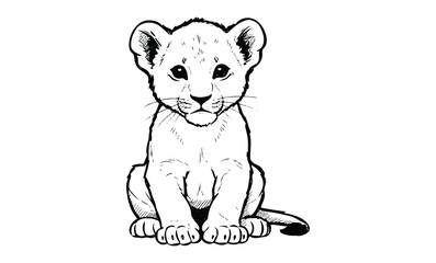 Fototapeta premium Adorable line art of a sitting lion cub. Vector retro hand drawn illustration