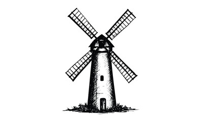 Fototapeta premium Vintage windmill sketch illustration with detailed blades. Vector retro hand drawn illustration