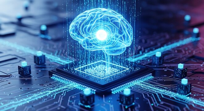 Digital brain on computer chip with glowing circuit