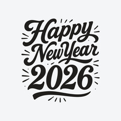 Happy New Year typography vector illustration, festive lettering with fireworks and stars, celebratory holiday greeting card design, black and white calligraphy style isolated on white background