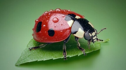 Obraz premium Detailed Macro Image of Ladybug on Green Leaf with Water Drops