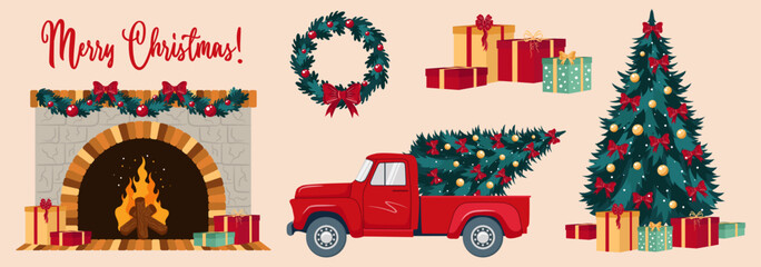 Christmas and New Year illustration set. Christmas tree, Christmas Red Truck, fireplace, holiday wreath, gift box. Vector.