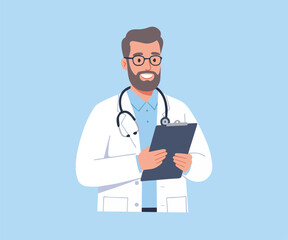 Fototapeta premium Friendly male doctor with a stethoscope and clipboard, representing professional healthcare services and medical consultation concept