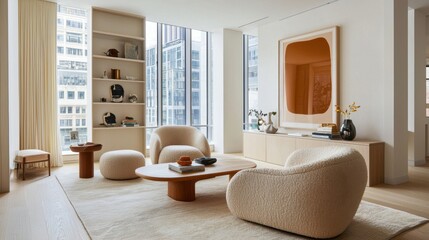 Fototapeta premium Modern Cozy Living Room with Neutral Tones and Elegant Décor