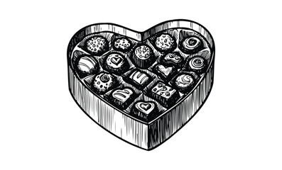 Heart-shaped box of assorted chocolates with decorative designs in black and white. Vector retro hand drawn illustration