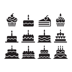 Collection of silhouette cakes and cupcakes with candles for celebrations and birthdays icon set vector