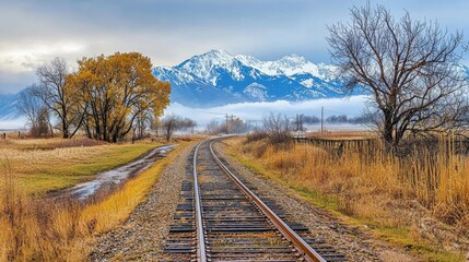 Fototapeta premium Scenic Rural Landscape with Train Tracks and Mountain Backdrop