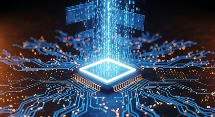 Glowing computer chip with blue energy flowing through circuits