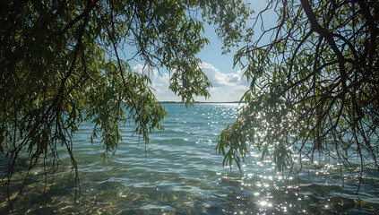 Naklejka premium Lake Water Sparkling Sunlight Through Tree Branches on a Clear Day