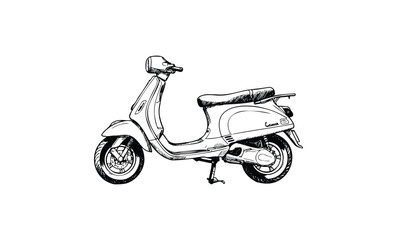 Obraz premium Detailed black and white sketch of vintage italian scooter side view. Vector retro hand drawn illustration