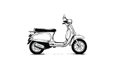 Obraz premium Vintage scooter sketch with detailed black and white line art. Vector retro hand drawn illustration