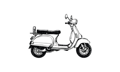 Obraz premium Vintage scooter sketch illustration in black and white. Vector retro hand drawn illustration
