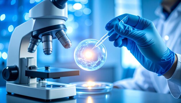 Gloved hand using pipette with microscope in laboratory, symbolizing IVF concept, fertility treatment, medical research, and reproductive healthcare technology.