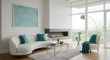 Modern Living Room Interior with Fireplace and Large Windows