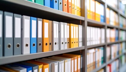 Organized shelve filled with colorful medical chart and binder, representing healthcare documentation, patient record, data management, and hospital administration.