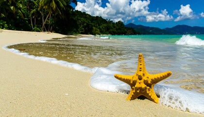 Sunny beach scene with a yellow starfish