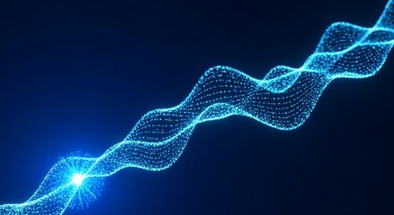 Abstract blue wave of light particles on dark background