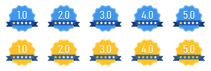 Set of blue and yellow star rating badges set from 1 to 5 rating labels. Star rating badges with ribbon in flat design. Review score icons for feedback and ranking. Vector illustration.