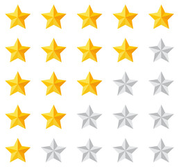 Fototapeta premium Set of golden and silver star rating icons from 1 to 5. Feedback and review ranking badges. 1 to 5 star rating, rate us, review vector icon set isolated on white background. Customer feedback concept.