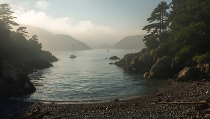 Sailboats on Tranquil Bay at Sunrise with Rocky Coastline and Fog