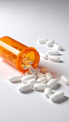 White pill spill from an orange prescription bottle on a white background, symbolizing healthcare, medicine, pharmacy, treatment, and pharmaceutical medication, vertical format with copy space area.